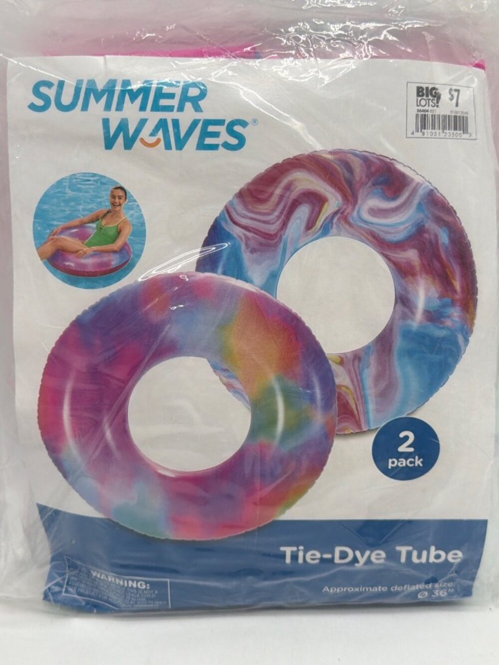 Summer Waves Tie-Dye Pool Tubes 2-Pack Approx. 36" Inflatable Swim Rings For Poo